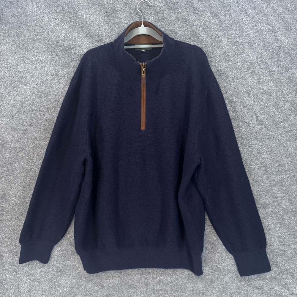 Orvis Sweater Mens XXL Blue Faux Suede Trim Pullover Knit 1/4 Zip Classic Nice